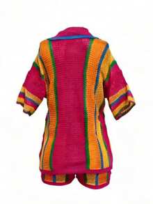 2pcs Women Colorblock Striped Short Sleeve Sweater & Loose Knit Shorts Set - Hot Pink - View 4
