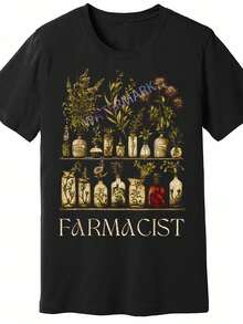 Camiseta Gráfica Farmacist Homestead para Hombre - Algodón Negro, Manga Corta, Diseño Vintage de Boticario con Estampado de Botellas de Hierbas y Pociones, Cuello Redondo Casual, Lavable a Máquina - Negro - Ver 2