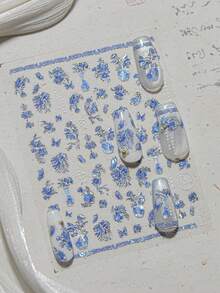 1pc Chinese Style Blue And White Porcelain Nail Stickers Exquisite Flower Butterfly 5D Hot Stamping Nail Stickers Self-Adhesive Nail Stickers Stickers DIY Nail Design - Blue - View 5