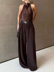 SMILE CHI 2026 夏季新款时尚百搭褶皱宽松阔腿裤，咖啡棕色休闲裤（不含腰带），舒适时尚的夏季春季穿搭 - 棕色 - 查看 7