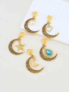 10/5pcs Moon, Star & Heart Shaped Pearl Hollow Rhinestone Inlaid Hair Clips, Fashion Hair Accessories, Eid Gift - Multicolor - View 2