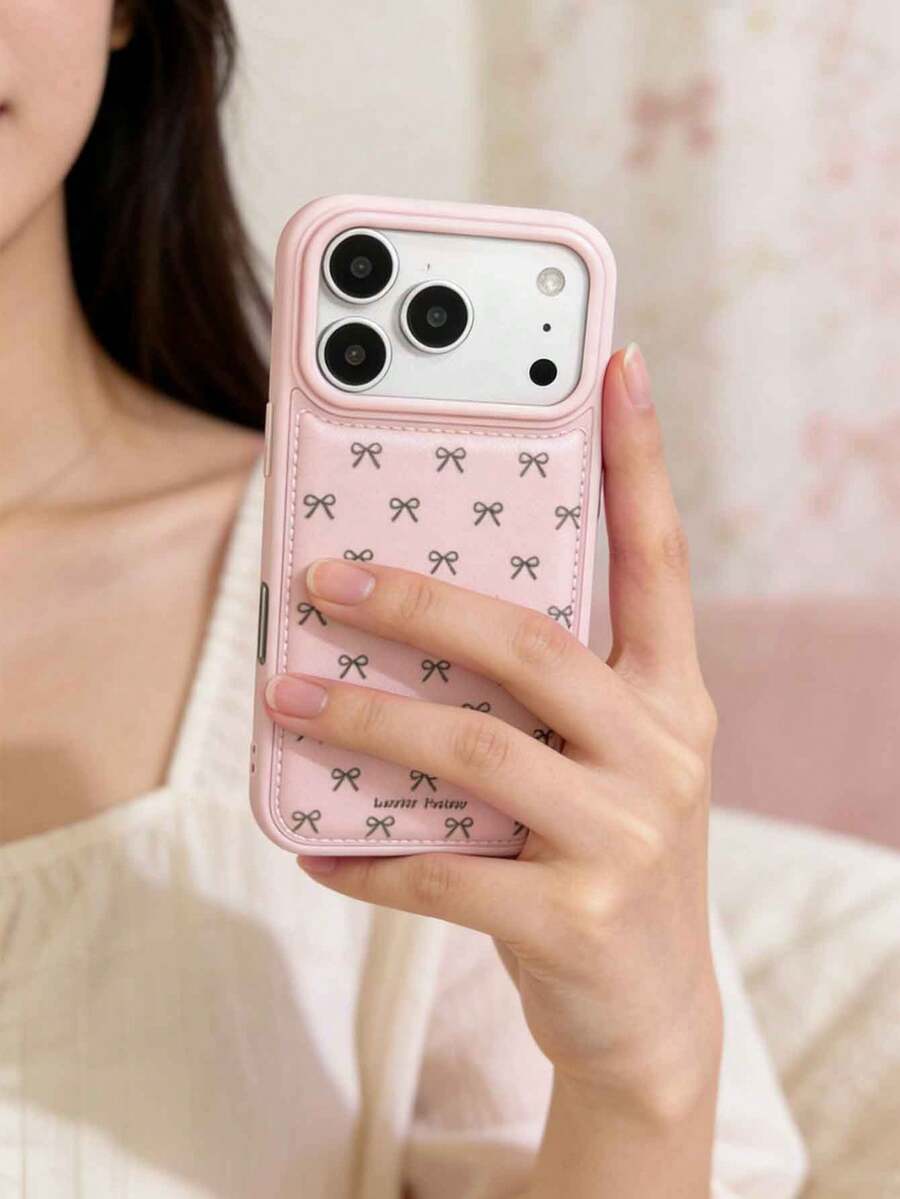 粉色蝴蝶结皮革纹理手机壳，适用于苹果17、17 Pro、17 Pro Max、16 Pro Max、16 Pro、16、11、12、13、14、15、12 Pro Max、13 Pro Max、14 Pro Max、15 Pro Max，苹果手机保护套 - 粉色 - 查看 1