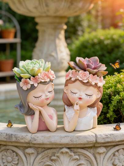 1pc Cute Resin Girl Head Succulent Planter, Delicate Fairy Garden Decor Figurine, Suitable For Outdoor Patio, Balcony, Bohemian Style Resin Plant Pot For Cactus And Small Plants, Weather-Resistant Outdoor Home Garden Decoration