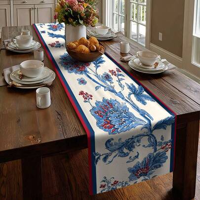 1PC Blue And Red Floral Pattern Table Runner With Vintage Botanical Design, Vertical Floral Motifs, Classic Flower Branch Print, Elegant Home Decor Table Linen, Traditional Floral Art Table Cover For Dining Room