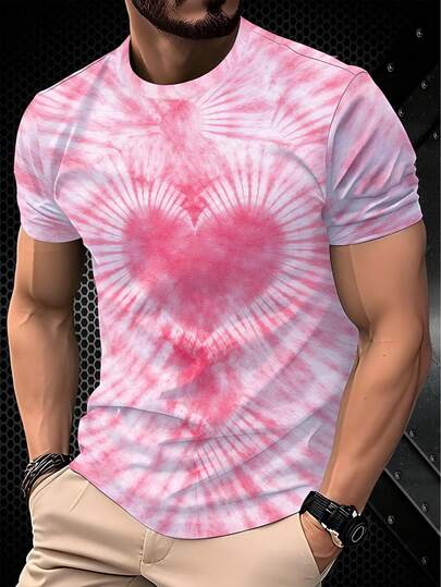 情人节男士心形图案扎染短袖T恤，3D印花圆领休闲T恤，适合情人节外出穿着，夏季服装