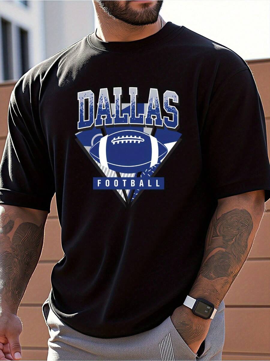 Men's Dallas Football Graphic Oversize T-Shirt Relaxed Fit 100 Cotton Black With White Blue Print Perfect For Sports Casual Wear And Outdoor Activities Ideal Gift For Sports Fans Casual Wear Tee Relaxed Fi Oversize T-Shirt Cotton Fabric - 黑色 - 查看 1