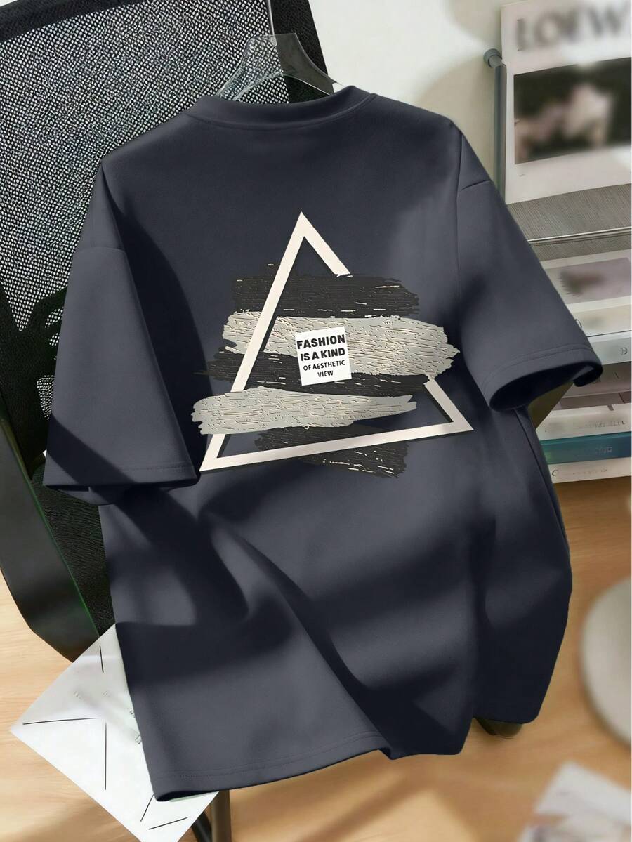 Áo thun cổ tròn in họa tiết hình học phong cách thường ngày cho thiếu niên, trang phục mùa hè mới. - Màu xám đen - Xem 1