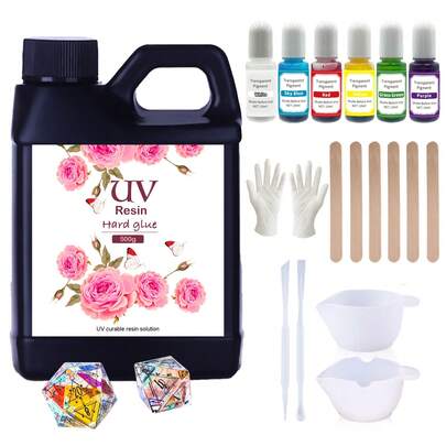 500g Transparent Hard UV Curing Resin Kit, Includes 6 Color Pigments, Silicone Mixing Cup, Gloves, Stirring Stick And Tools, Suitable For Jewelry Making, Crafts, Casting And Coating