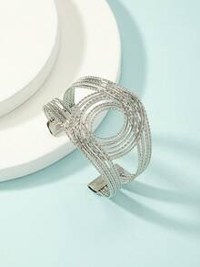 1pc Minimalist Personalized Multi-Layer Metal Textured Adjustable Bangle Bracelet, Suitable For Women's Daily Wear, Travel, Party, Gathering, Banquet And Other Occasions - Silver - View 4