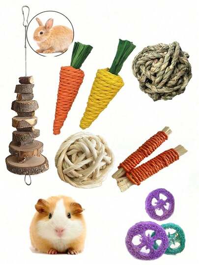 Pet Chew Toy Set, Rabbit Hamster Bite Toys Combo, Small Animal Playtime Toys, Rabbit Chew Toys, Hamster Teeth Cleaning Toys, Wooden Chew Toy Set, Unicycle Dumbbell, Carrot, Apple Wood