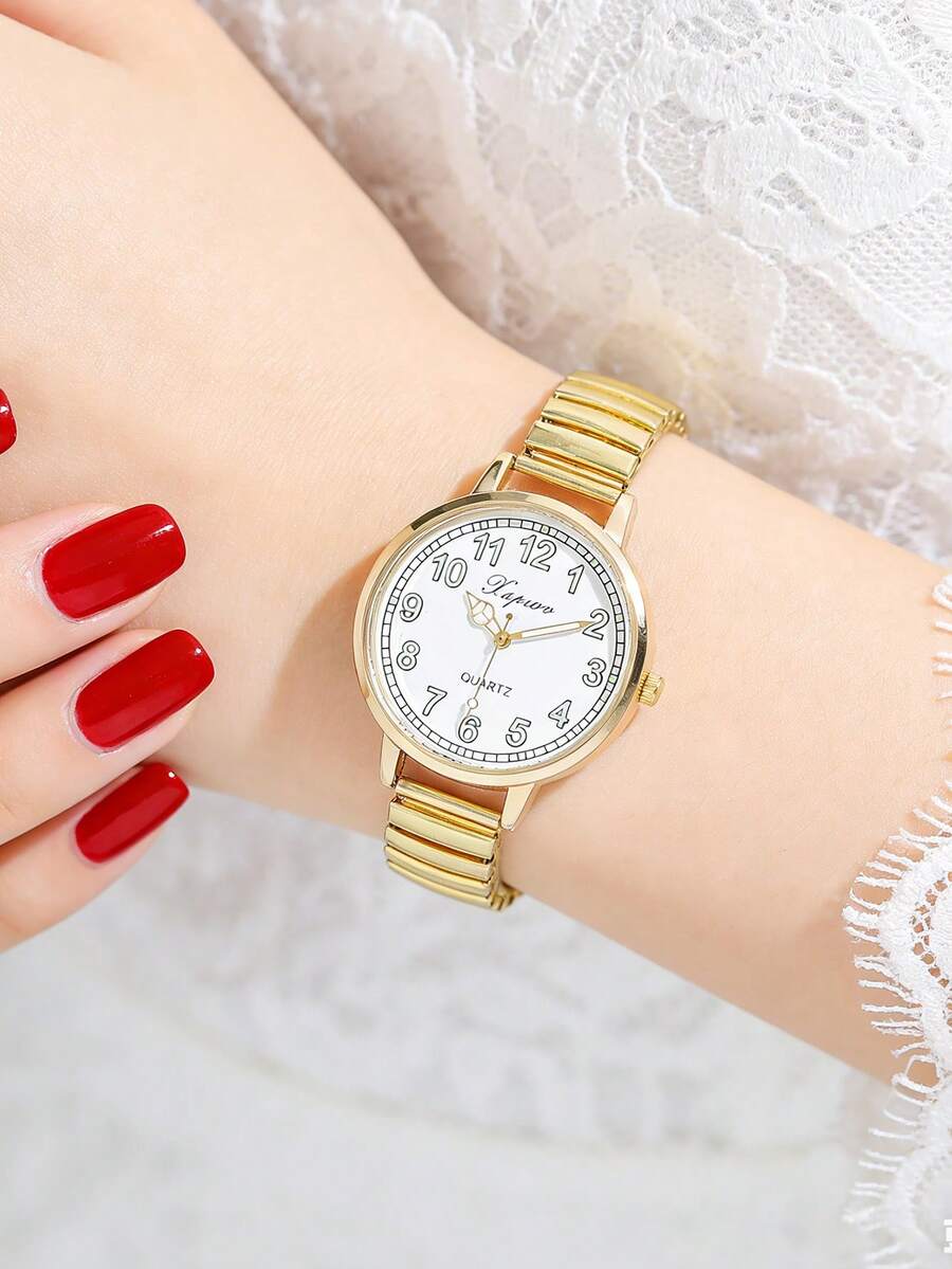 1 chiếc đồng hồ nữ dây đeo co giãn màu vàng, mặt số Ả Rập, máy quartz, kiểu dáng thường ngày, mặt tròn, thích hợp để đeo hàng ngày, quà tặng. - Vàng - Xem 1