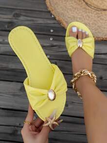 新款女士凉鞋，方头设计，时尚蝴蝶结装饰，高端金属配件，套脚款式，轻便舒适，百搭，适合居家、春夏户外活动、休闲乡村度假、街头时尚、海滩等场合。 - 黃色 - 查看 4