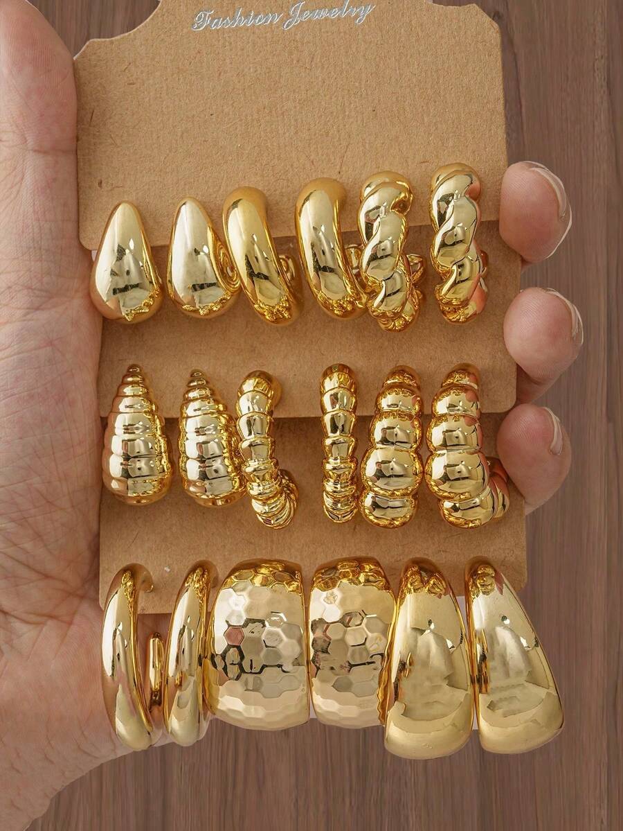 6-18 piezas Pendientes de aro en forma de C con textura de gota de agua, adecuados como regalos para fiestas y seres queridos - Dorado - Ver 1