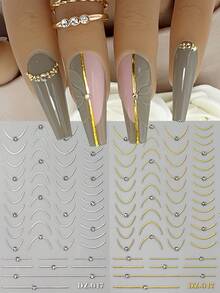 2PCS Gold Silver French-Style Nail Stickers With Rhinestones Curved Lines Design Slider Nail Art Decals DIY Manicure Accessories Tool Nail Supplies - Multicolor - View 9