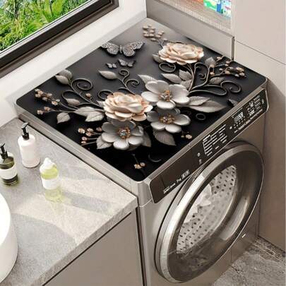 19.7x23.6 Inch Quick Dry Washing Machine Cover, 1pc Black Floral Print Dust-Proof Washer Dryer Top Cover Mat, 19.7x23.6 Inch Quick Absorbing Tabletop Pad, Polyester Material, Fits Modern Washer And Dryer, Suitable For Laundry Room And Kitchen