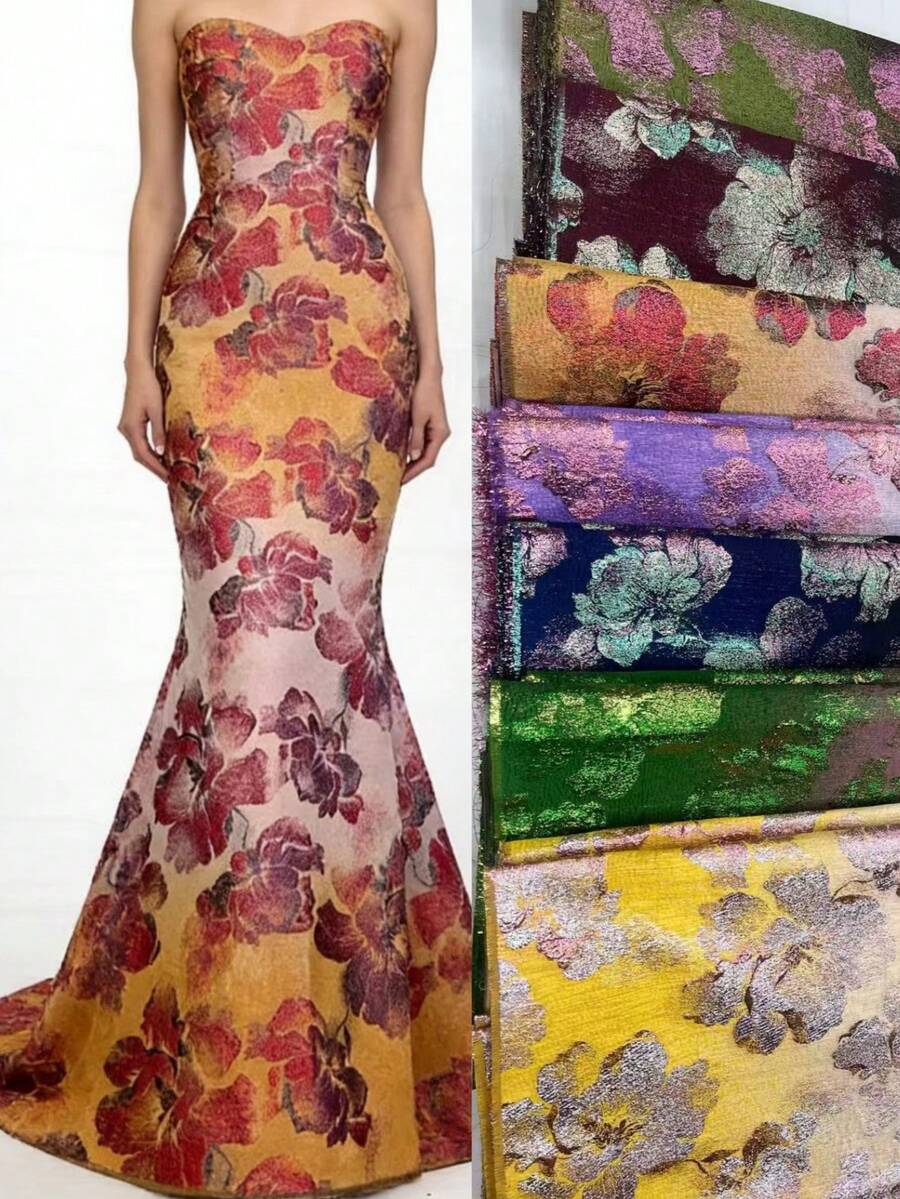 5 Yards/1 Yard Floral Jacquard Lace Fabric, 2026 New Soft Non-Wrinkle Shiny Sewing Fabric For French/African/Nigerian Party, Evening Dress, Women's Dress, Home DIY Decor, Blue, Red, Yellow, Green - A - 查看 1