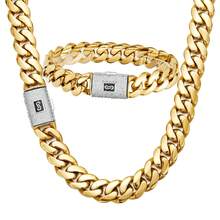 2pcs 14K Gold Plated Hip Hop Jewelry Set For Men, 14mm Thick Stainless Steel Curb Link Chain, Punk Clamshell Buckle Necklace & Bracelet - Golden+Silvery - View 1