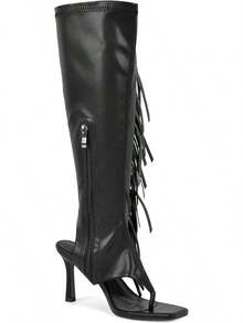 Thong-Style Knee-High Boots With Fringe - Women's Stiletto Heels, Square Toe & Zip Detail, Bold Party Look - Black - View 4