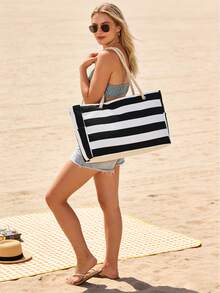 Beach Bags For Women, Large Waterproof Beach Tote Bag With Zipper, Plus Size Women's Waterproof Beach Tote Bag, Women Canvas Shoulder Bag, Waterproof Sandproof Swim Pool Bag, Large Tote (Pattern Random),  Portable, Foldable, Business Casual Simple Stripe Design Tote Bag For Teenagers, Women, College Students, Middle & High School Students, Outdoor, Travel, Picnic, Work, Business, Commuting, Vacation, Shopping And Holiday[US Local Warehouse]The Best Gift Choice, Birthday Gift - Nhiều màu - Xem 8