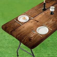 1pc Elastic Edge Design Tablecloth, Vintage Wood Grain Texture Tablecloth - Decorative For Restaurants, Cafes And Home Dining Tables. Vibrant Colors, Outdoor Patio Cover, Picnic Accessory, Suitable For Indoor And Outdoor Use - Multicolor - View 1