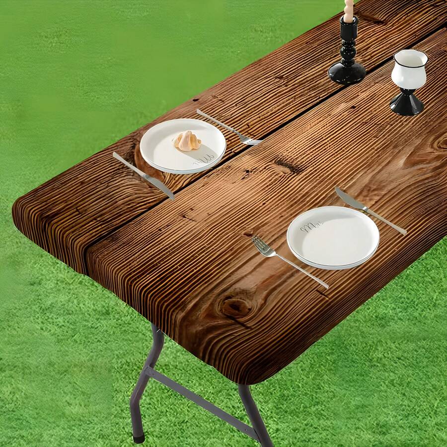1pc Elastic Edge Design Tablecloth, Vintage Wood Grain Texture Tablecloth - Decorative For Restaurants, Cafes And Home Dining Tables. Vibrant Colors, Outdoor Patio Cover, Picnic Accessory, Suitable For Indoor And Outdoor Use - Multicolor - View 1