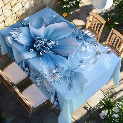 1 buc. Față de masă esențială de vară! Față de masă florală albastră visătoare, imprimeu stereoscopic 2D plat, material poliester, potrivită pentru mese în familie, picnicuri la petrecere, nunți în aer liber, utilizare în interior și exterior, cadou decorativ pentru casă