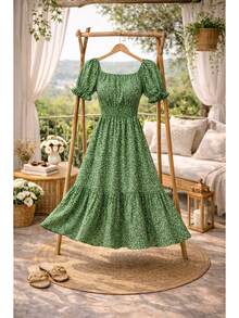Women's Floral Print Dress, Comfortable And Stylish, Elegant Midi Length, Short Sleeve, Plus Size, Peasant Style, Princess Sleeve, Evangelical, Elasticated, Romantic - 查看 2