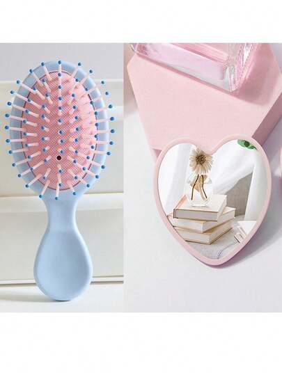 2pcs Mini Hair Brush Set, 1pc Blue & Pink Travel Wet & Dry Comb, 1pc Pink Heart-Shaped Makeup Mirror, Suitable For Spa, Sleepover, Birthday, Wedding, Bachelorette Party Gifts, Hair Salon, Beauty Parlor, Back To School, Travel Essentials, Hair Accessories