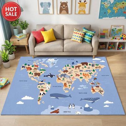 1 件装天鹅绒儿童世界地图动物学习地毯，柔软防滑长方形地毯，适用于家居装饰和房间布置，是游戏室、卧室、托儿所、花园的理想之选，也是开学季、生日礼物和日常幼儿地理学习的完美选择。