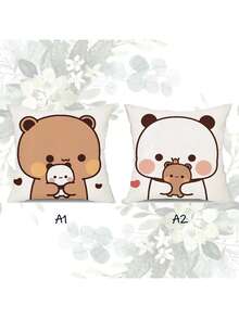 2pcs Cute Bubu & Dudu Panda Velvet Cushion Cover - Adorable Cartoon Couple Design, Text, Multiple Sizes, Valentine's Day Gift, Comfortable Square Pillow Case, Suitable For Home Decor, Machine Washable, Zipper Closure - Multicolor - View 9