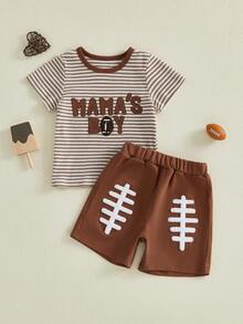 Toddler Baby Boy Summer Outfits Letter Baseball/Football /Rugby Embroidery Short Sleeve T Shirt And Plaid Shorts 2 Pcs Set, Toddler Baby Boy Football Clothing Set, - 卡其色 - 查看 7