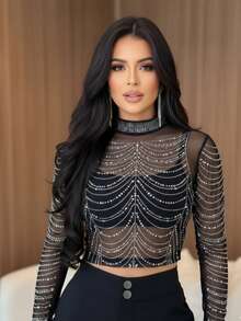 Cropped Long-Sleeved Top With Rhinestones - 黑色 - 查看 1