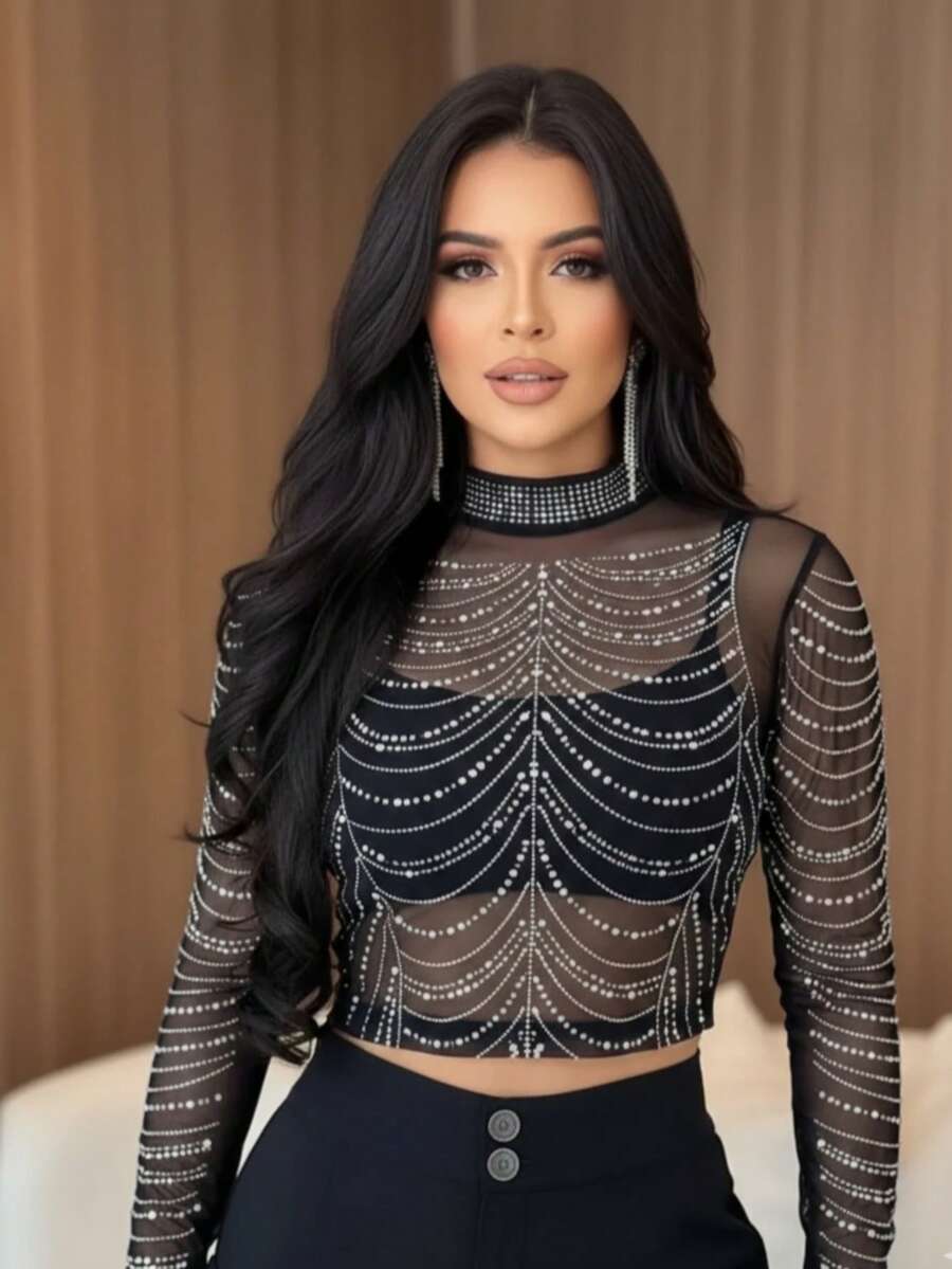 Cropped Long-Sleeved Top With Rhinestones - 黑色 - 查看 1