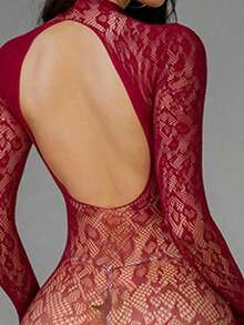 Sexy Lingerie Women Long Sleeve Fishnet Bodysuit Leopard Print Sexy Set Bodysuit Hollow Out Bodysuit Bikini Cover Up - Burgundy - View 5