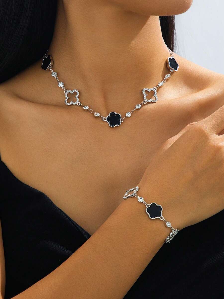 1 Set Luxury Rhinestone Hollow Clover & Flower Pendant Necklace And Bracelet Jewelry Set, Versatile Gift For Her - Black - View 1