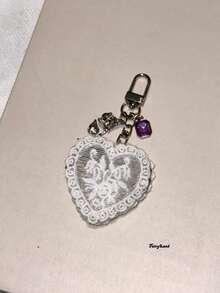 Lace Heart Mini Mirror Rhinestone Bow Car Keychain Delicate Bag Charm Pendant, New Arrival - White - View 5