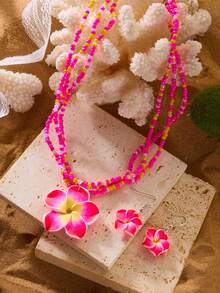 2 piezas Conjunto de collar y aretes de arcilla polimérica con cuentas de flores de estilo playero para mujeres - conjunto de aretes y collar - Ver 3