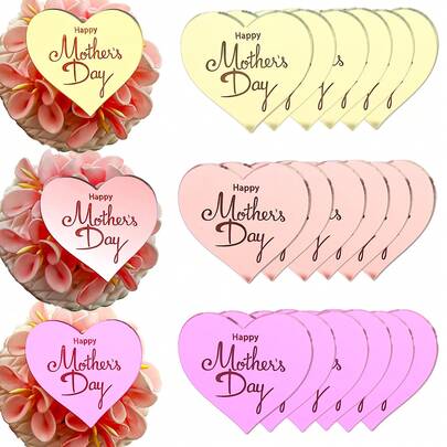 6/12pcs Heart-Shaped Mother's Day Happy Mirror Acrylic Cake Decoration Party Supplies