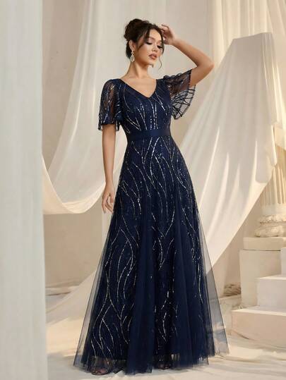 EVERPRETTY Elegant Sequin Dress, Navy Blue Sequin Dress Suitable For Wedding Guests, Formal Occasions, New Year, Valentine's Day, For Women