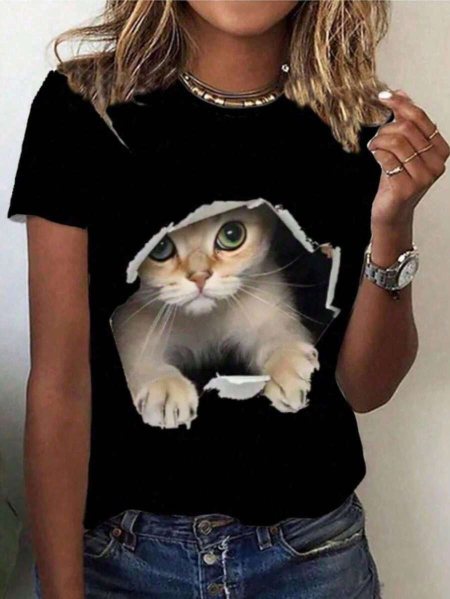 Short-Sleeved T-Shirt With A Kitten-In-A-Hole Print. - Black - View 1