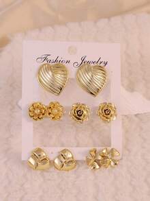 5 Pairs Heart, Flower, Clover Earrings Set, Ins Style Versatile Accessories, Vintage Design Suitable For Women's Daily Wear - Gold - View 2