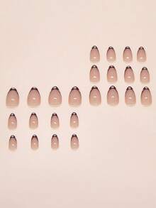 24片/套 简约红棕色法式花朵短杏仁形美甲贴片，包含甲油胶和指甲锉，适合女孩/女士日常、约会、派对佩戴 - 彩色 - 查看 3