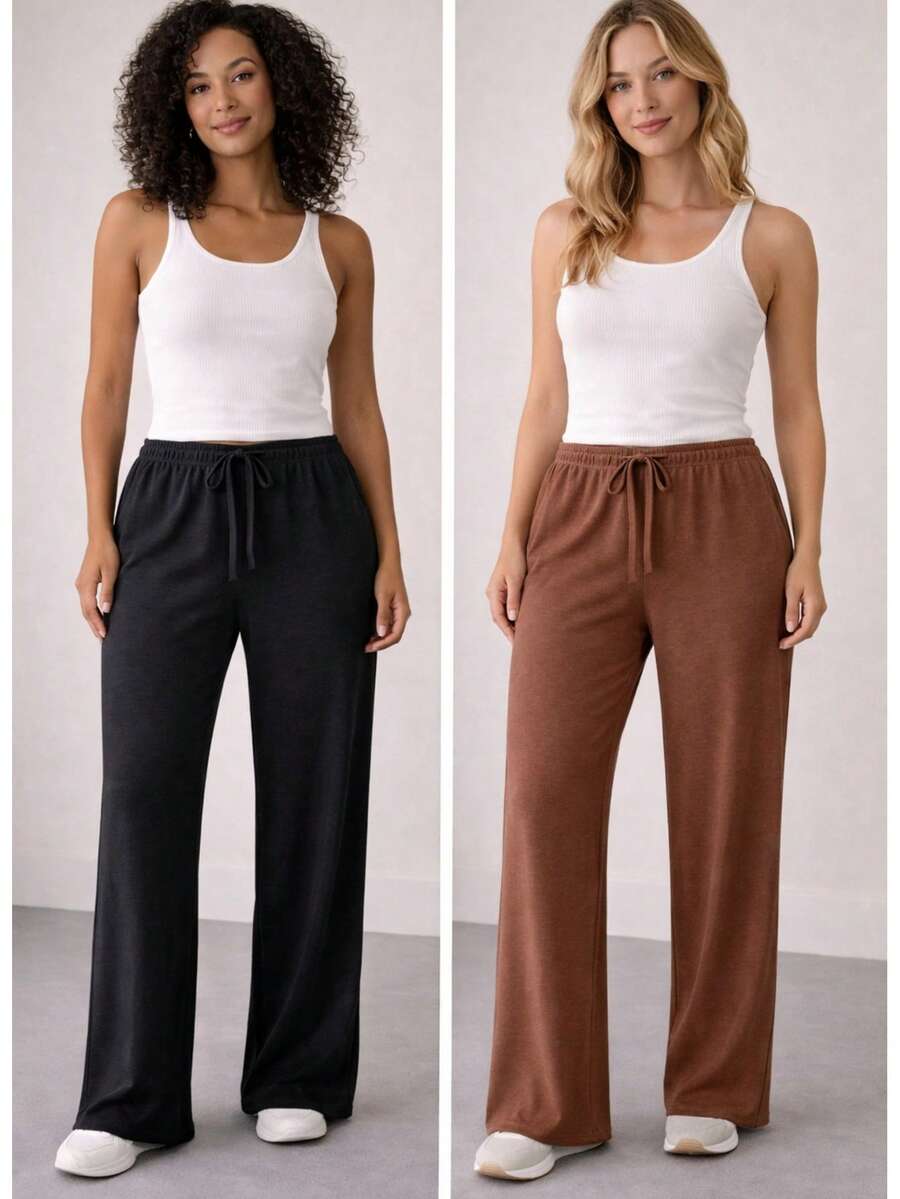 Set Of 2 Women's Pants Duna Wide-Leg Pants Set Wide-Leg Pants High Waist Elastic Waistband Premium Duna Fabric Wrinkle-Resistant Shrink-Resistant Loose-Fitting Pants One Size Elegant Work Look Versatile Piece Fashionable For Summer Winter Spring Autumn Comfort And Style All Seasons Superior Quality - 黑色/棕色 - 查看 1