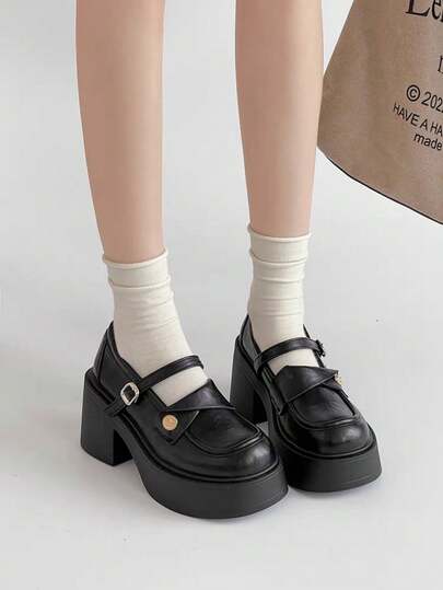 French Retro Chunky High Heel Leather Shoes, Fashion Versatile Platform Mary Jane Pumps For Petite Women