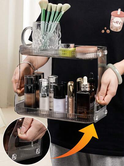 Organizador de tocador acrílico de 2 niveles, estantería de almacenamiento resistente al agua, caja de almacenamiento transparente minimalista adecuada para dormitorio, cocina, baño, decoración y artículos esenciales de la habitación
