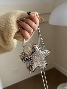 1pc New Mini Bag, Rhinestone Embellished Mini Bag, Silver Wallet, Shiny Futuristic Pentagram Handbag, Chain Shoulder Star Bag, Asymmetric Handbag, Accessory Pouch, Elegant Coin Purse, Gold Earphone Case, Wedding, Women Handbag, Gold Wallet, Summer Party Clutch, Gift Evening Bag - Silver - View 3