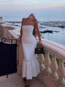 Women's Dresses New Arrival Summer Fashion Elegant Polka Dot Print Strapless Slim Fit Ruffled Patchwork Bodycon Dress - White - View 3