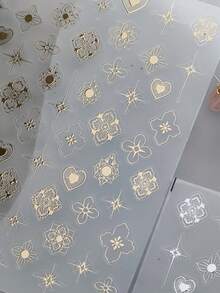 1片热压花复古线条花朵爱心星光美甲贴纸 5D浪漫优雅美甲贴花 自粘美甲装饰贴片 女士 - 彩色 - 查看 4