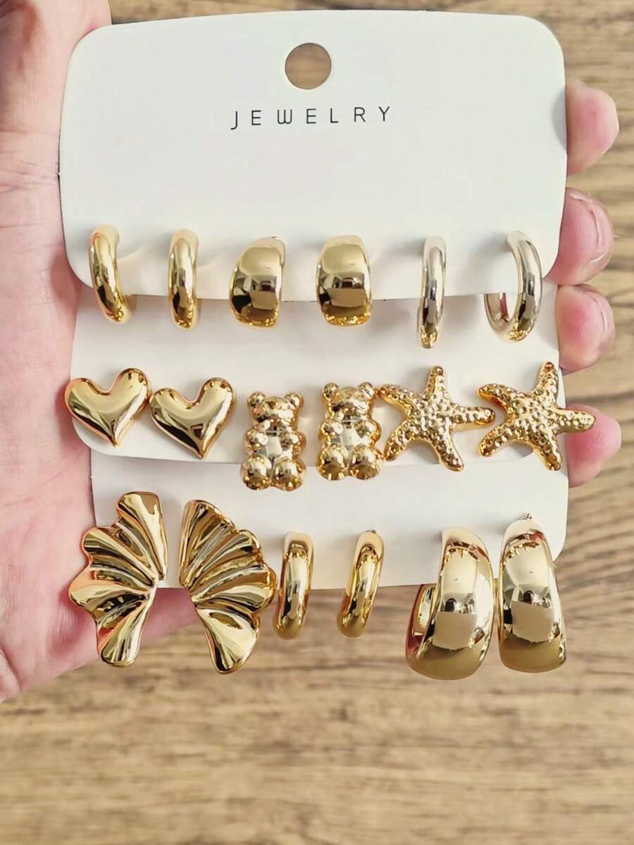 6/18pcs Gold-Tone Earring Set - Featuring Unique Starfish, Heart, Teddy Bear, C-Shape Hoops, Paired With Glossy Dome And Teardrop Stud Earrings, Suitable For Daily Wear And Parties - Gold - View 1