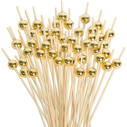 10/50/100/200/400 piezas Elegantes palillos de bambú para frutas con cuentas doradas en la parte superior - Palillos decorativos para aperitivos, pinchos largos de bambú - Suministros para cocina, restaurante, fiestas, Pascua, reuniones festivas, eventos de regreso a clases, fiestas sofisticadas, decoración de bodas, elevando la estética de la escena.